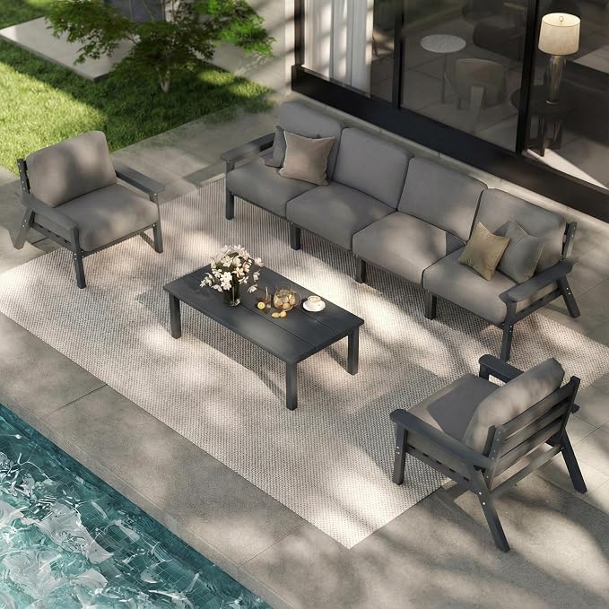 Patio Furniture Set 6 Seats, HDPE Outdoor Sectional with Gray Washable Thick Cushions, Coffee Table, Patio Conversation Sets for Lawn, Garden, Porch, Balcony, Deck (Grey Frame)