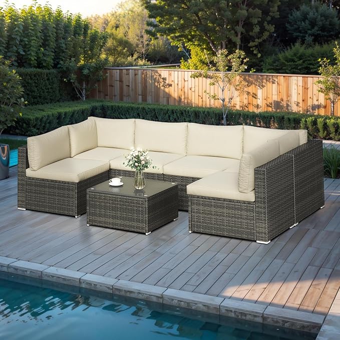 Wisteria Lane 7 Piece Outdoor Patio Furniture Set, All Weather Wicker Rattan Sectional Sofa Conversation Set with Cushions & Glass Coffee Table, Ideal for Garden Backyard Porch Balcony, Beige