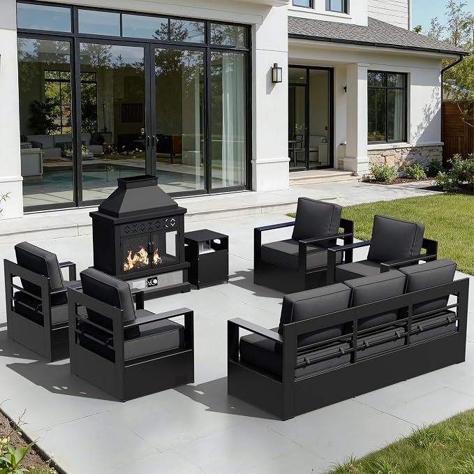 Outdoor Aluminum Furniture Set, 6-Piece Patio Conversation Set, 4 Chairs 1 Sofa and 1 Fireplace, All-Weather Metal Frame, 6" Thick Removable Cushions, Deep Setting for Garden, Poolside and Porch