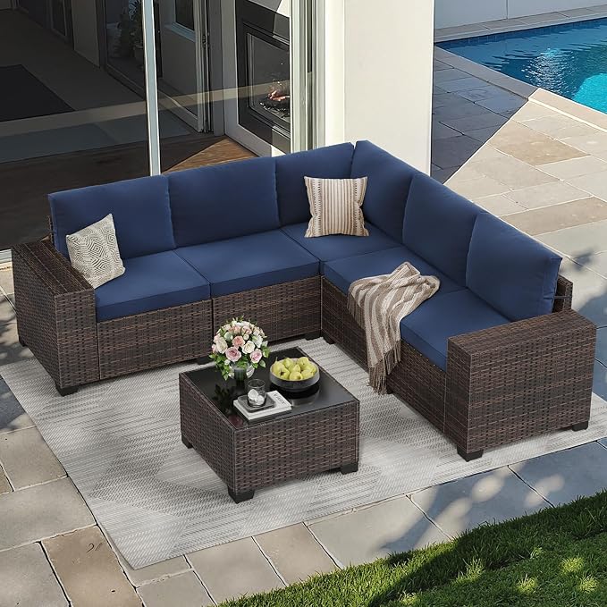 Soohow 6-Piece Patio Furniture Set All-Weather Outdoor Wicker Sectional Conversation Set with Cushion and Glass Table for Garden, Porch, Backyard, Navy Blue Cushions