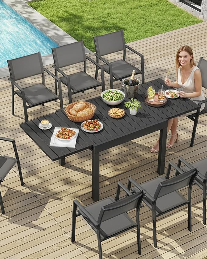 9 Pieces Outdoor Dining Set, Never-Rust Aluminum Extendable Dining Table Set, 38"-77" Expandable Dining Table and Stackable Patio Dining Chairs, Patio Dining Set for Porch, Yard, Deck, Black