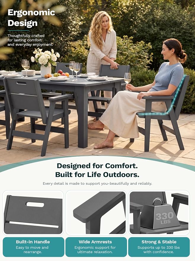 SERWALL 9-Piece HDPE Outdoor Patio Dining Set, All-Weather Rectangular Table with Umbrella Hole & 8 Arm Chairs, Weather Resistant Heavy Duty Outdoor Furniture for Backyard, Deck, Garden, Gray