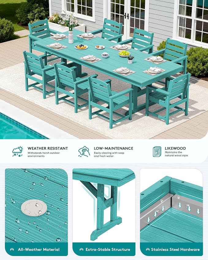 SERWALL 9 Piece 84" HDPE Outdoor Dining Set for 8 with Armchairs, Aruba | All Weather HDPE Material and Pre-drilled Umbrella Hole