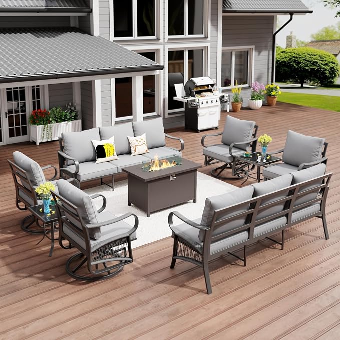 9 Piece Patio Furniture Set, 4 Single Swivel Chairs, Rope Braided Exposed with Thick Cushions, Outdoor All Weather Patio Conversation Sectional Sofa Set for Garden, Porch, Lawn, Grey