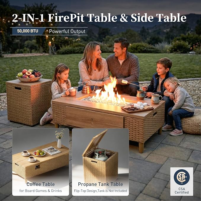 SUNSHINE VALLEY Patio Furniture Set, Wicker Outdoor Furniture Sectional Sofa with Fire Pit Table, 7 Seats Patio Conversation Set with 5.5" Thick Cushion for Garden Deck Backyard, Beige