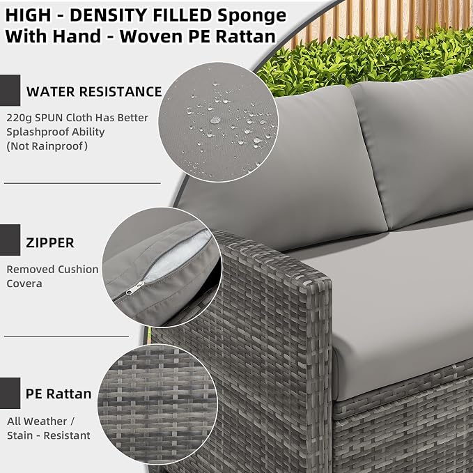 AECOJOY Outdoor Patio Furniture Set, 7 Pieces Clearance Sectional Rattan Dining Table&Chairs, All Weather Wicker Conversation Sofa Couch with Ottoman, Grey Cushions&Grey Rattan