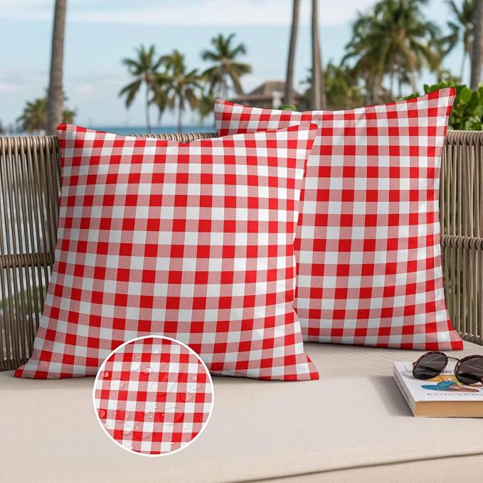 Red White Plaid Waterproof Outdoor Pillow Covers Set of 2 Home Decor Modern Farmhouse Buffalo Check Gingham Pillowcase Patio Pillow Covers for Couch Bench Furniture Garden 24x24in