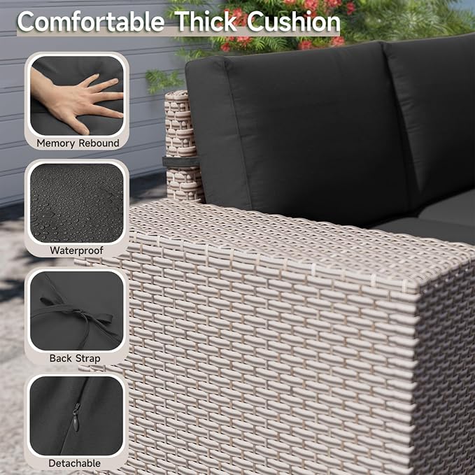 12-Piece Outdoor Patio Furniture Set, Modular Sectional Sofa Set with Glass Coffee Table and Cushions, Wicker Outdoor Couch Conversation Sets, Black