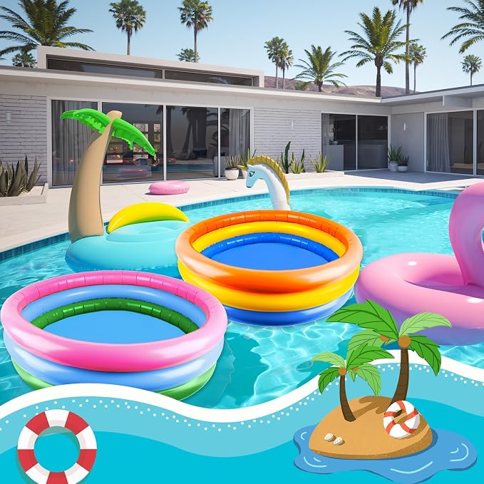 4 Pack Round Pools Bulk 34 x10 Inch Inflatable Swimming Pool 3 Rings Small Blow up Padding Ball Pond for Summer Outdoor Floats Water Game (Color Set 2)