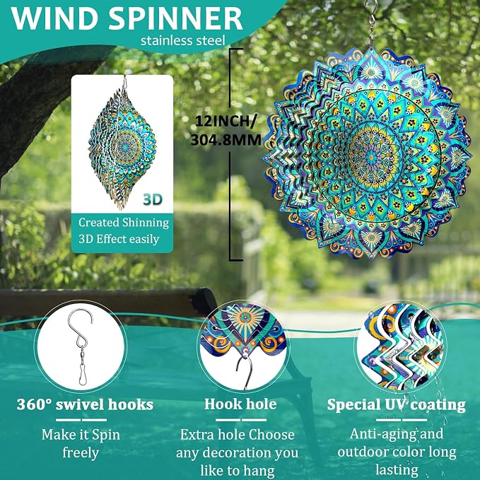 Wind Spinner Mandala Peacock Blue Ocean,12Inch Stainless Steel Wind Spinners Outdoor,Gifts for Women,Mother,Men,Father,Holidays,3D Kinetic Yard Art Decorations,Christmas Garden Decor