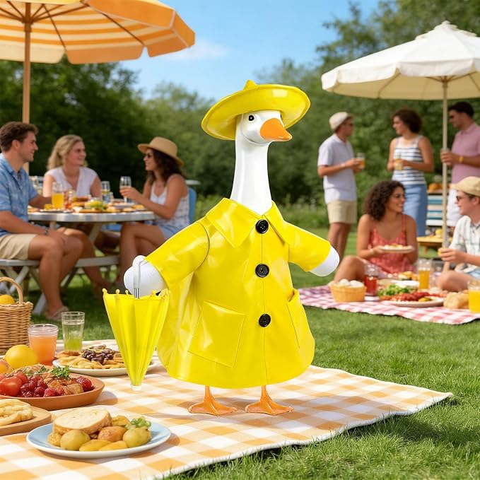 3 Pcs/Set Raincoat Porch Goose Outfits, Summer Lawn Goose Statue Raincoat Costume, Yard Goose Clothes Raincoats Umbrella Hat Outfit for 23" Statue Patio Garden Decoration Yellow