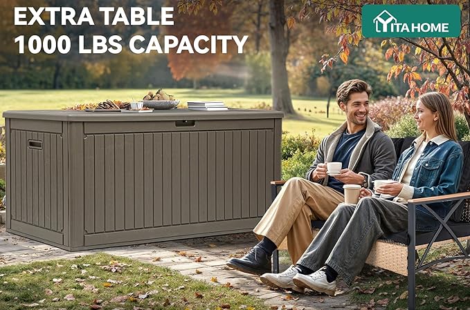 YITAHOME 320 Gallon Extra Large Deck Box, Double-Wall Resin Outdoor Storage Box with Flexible Divider for Patio Cushions Garden Tools, 1000lbs Load Capacity, Lockable & Waterproof (Light Brown)