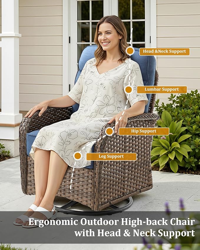 8-Piece Luxury Patio Furniture Set with 42.5" Fire Pit Table, Outdoor Wicker Sofa Couch & Swivel Rocker Chairs with 6-inch Thick Cushion, Conversation Set for Poolside, Deck & Yard - Blue