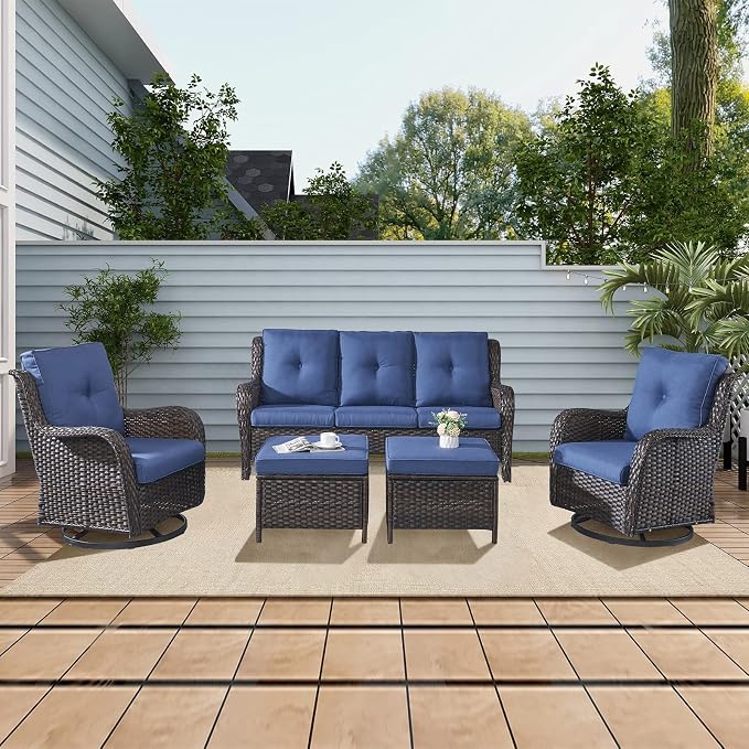Rilyson 5 Piece Outdoor Patio Furniture Set - Rattan Wicker Patio Conversation Sets with 2 Swivel Rocker Chairs,2 Ottomans and 1 Sofa for Outside Porch Deck Backyard(Brown/Blue)