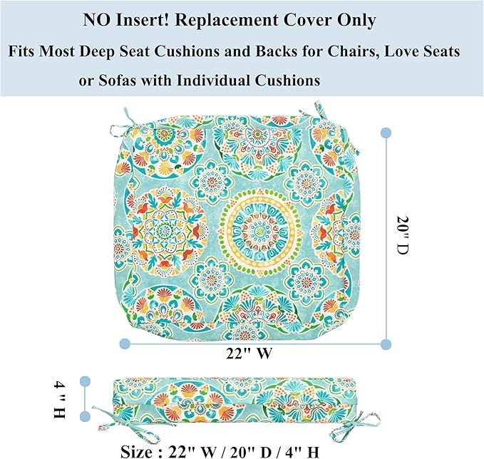 FUNHOME Patio Cushion Covers 22 x 20 x 4 Inch, No Insert! 2 Pack Water Repellent Outdoor Chair Seat Cushion Slip Covers with Zipper and Tie, Replacement Cover Only(Cyan Circle)