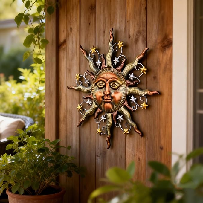 TERESA'S COLLECTIONS Sun Metal Wall Art for Outdoor Decor,25" Bronze Sun Face 3D Wall Decor for Garden Decor,Rustic Retro Hanging Sculpture for Outside Living Room Home Patio Farmhouse Gifts for Mom