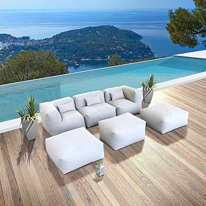 Patio Furniture Set Bean Bag Chairs PortoCervo 6PC Outdoor Chairs Sectional Conversation Patio Set Daybed Furniture Outdoor Sofa Couch High Density Foam Filling Modern Comfy Patio Couch (Light Gray)