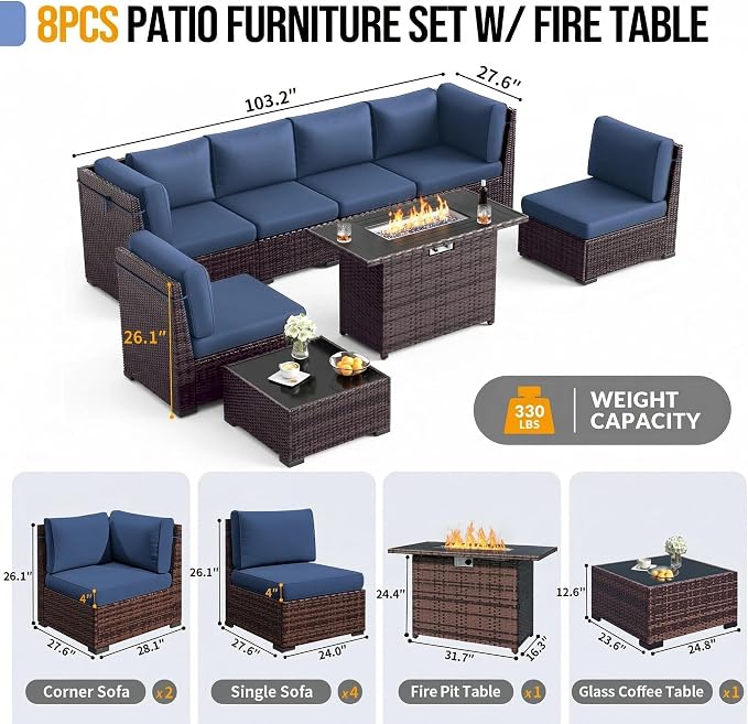Outdoor Patio Furniture Set with 44" Fire Pit Table 8 Pieces Rattan Patio Sectional Sofa Conversation Set w/55000 BTU Propane Gas Fire Pit, Coffee Table, 2 Waterproof Covers, Red