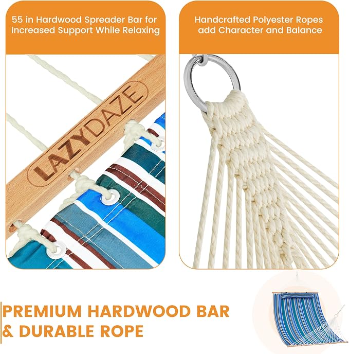 Lazy Daze Hammocks 12 FT Quilted Fabric Double Hammock with Spreader Bars and Detachable Pillow, 450lbs Weight Capacity