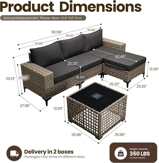 5-Piece Wicker Outdoor Sectional Furniture, Wide Armrest L-Shaped Patio Couch Set with Ottoman Thick Cushion, Modular Conversation Sets with Solar Table for Backyard Porch Balcony, Black