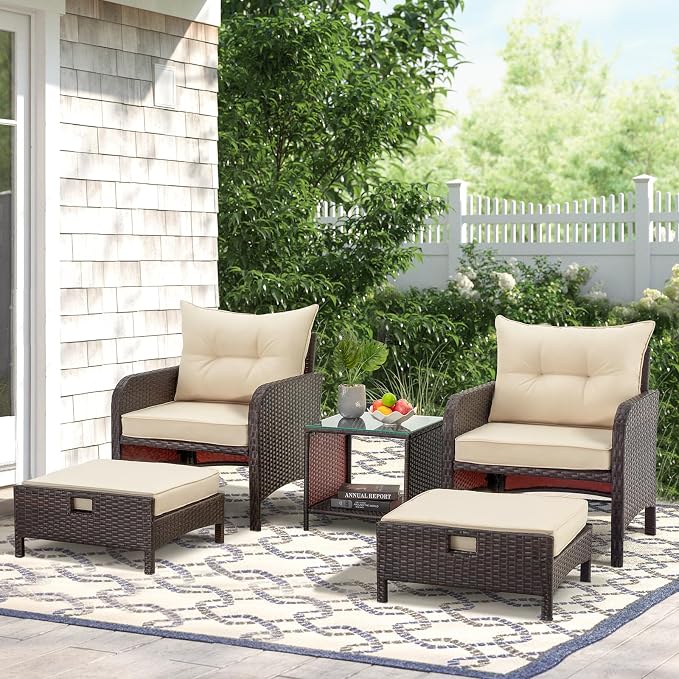 AVAWING 5 Pieces Patio Furniture Set, Outdoor Rattan Chairs with Tempered Glass Coffee Table, Ottomans & Soft Cushions, Wicker Conversation Bistro Set for Garden, Deck, Balcony, Poolside(Khaki)