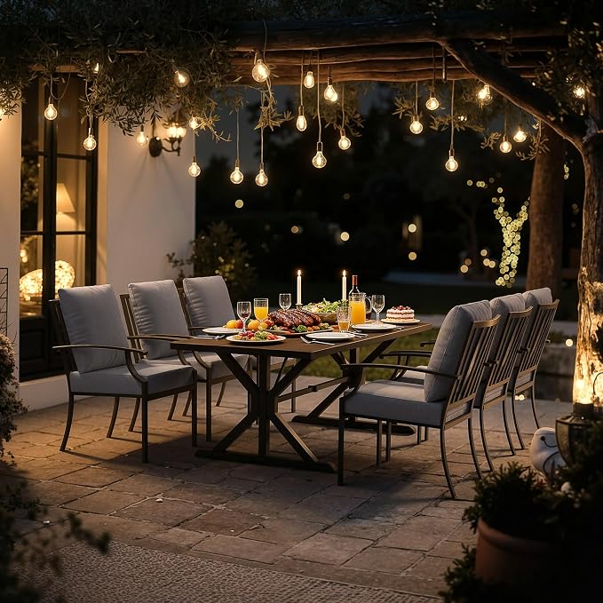 Kullavik 7 Pcs Outdoor Dining Set,Patio Dining Table and Chairs Set for 6,Fence Pattern Back Chairs with Thickened Cushions & X-Frame Metal Dining Table with Umbrella Hole for Patio,Grey