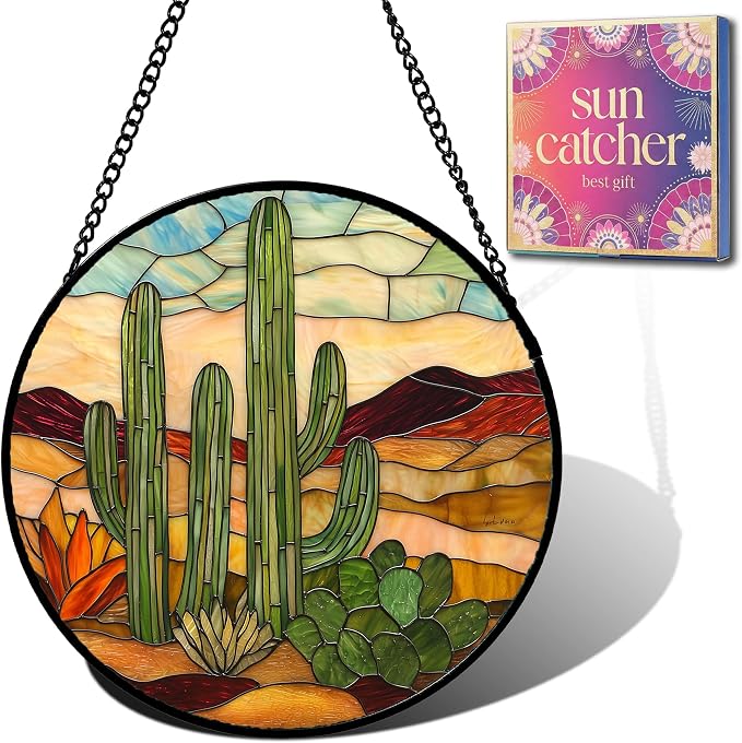 Birthday Gifts for Women - Desert Cactus Faux Stained Glass Window Hanging Sun Catcher for Door Garden Acrylic Home Decor Mother's Day Christmas for Mom Nana Friend Grandma Wife 9.8"
