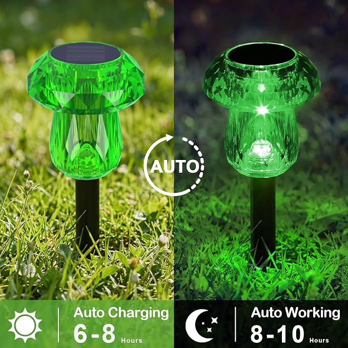 Solar Halloween Lights Outdoor 8 Pack Green Garden Mushroom Decor | LED Waterproof Halloween Decorations Outdoor for Pathway Yard Outside Driveway Walkway Landscape Path Lighting, Auto On/Off
