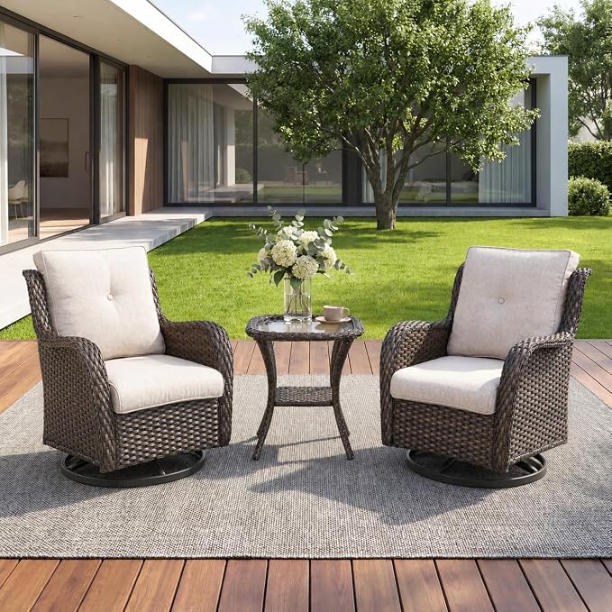 Rilyson Wicker Rocking Chair Swivel Chairs - 3 Piece Rocker Patio Furniture Set Rattan Rocking Bistro Sets with Glass Top Side Table for Outdoor Porch Deck Garden Backyard (Brown/Beige)