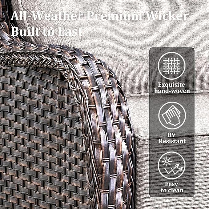 Luxury High Back Patio Furniture Set with 6-Inch Thick Cushions, 5-Pieces Outdoor Furniture with Swivel Chairs Fire Pit, Wicker Conversation Set for Porch, Balcony, Deck and Yard, Brown/Beige