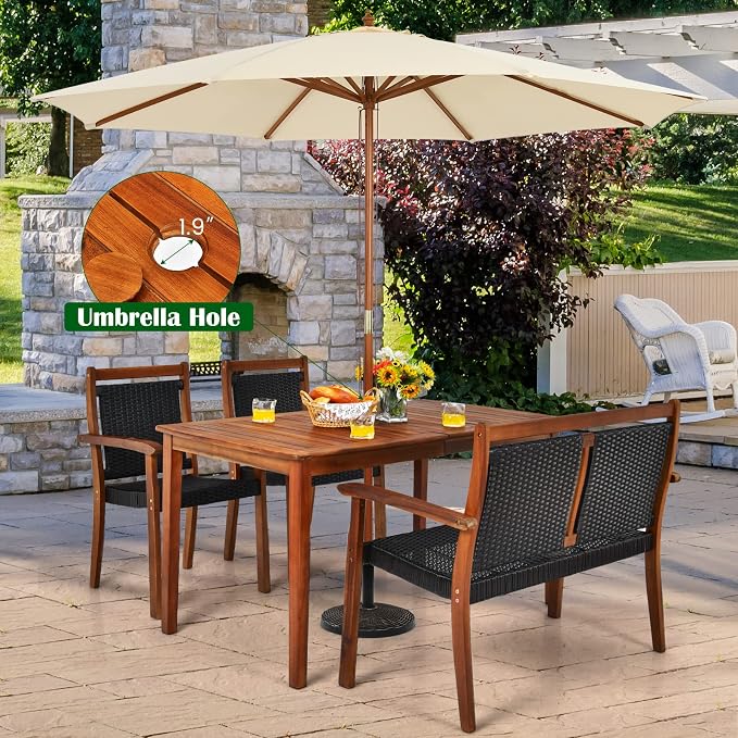 COSTWAY 4 Piece Patio Rattan Dining Furniture Set, Outdoor Acacia Wood Frame Loveseat, Chairs and Table Set with Umbrella Hole for Garden, Backyard, Lawn