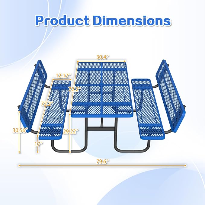 72" Heavy-Duty Iron Mesh Picnic Table Set with Backrest Blue | 1.73'' Umbrella Hole, Commercial-Grade Outdoor Table for Patio, Garden or Park–Rust-Resistant, Heat-Proof, All-Season Use