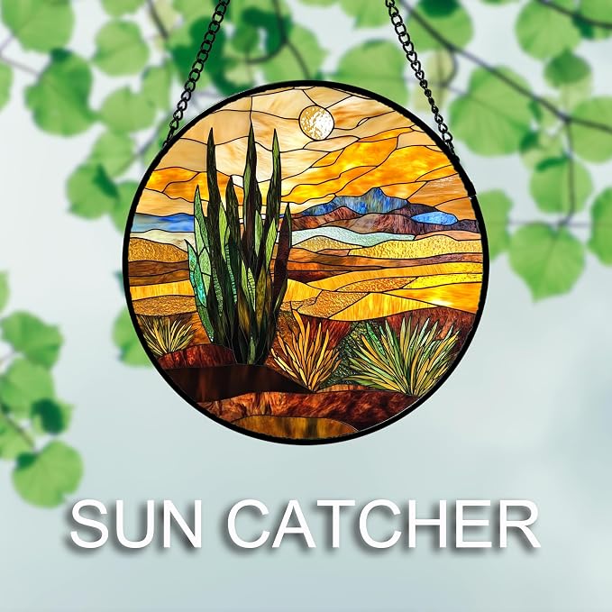 DASTOLL Stained Glass Window Hanging 4 Pcs Set Desert Sunset Theme Landscape Large 15" - Suncatcher Door Garden Sun Catcher Decor Birthday Christmas for Mom Woman Nana Men