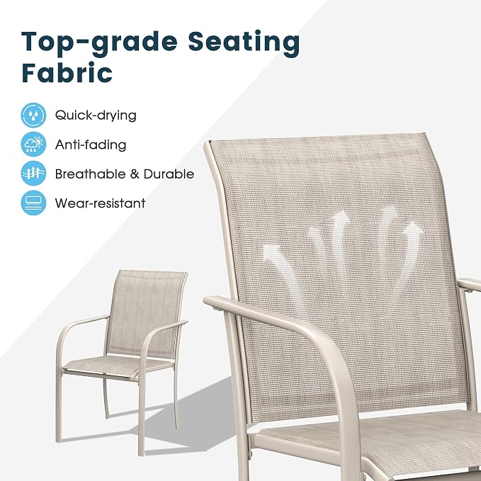 7 Pieces Patio Dining Set, 63" Rectangular Dining Table with Umbrella Hole, 6 Stackable Textilene Fabric Chairs, Metal Structure for Patio, Porch, Garden(Sand Table, Sand Chair)