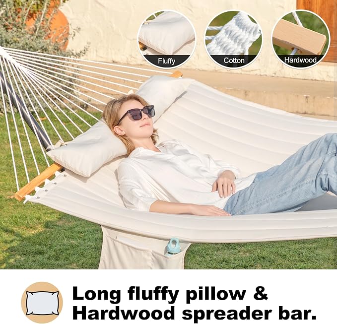 GAFETE 2 Person Hammock with Stand for Outside, Heavy Duty Steel Stand, Double 55inch Hammocks, Large Removable Pillow, Storage Bags, Max 475 lbs Capacity (Beige)