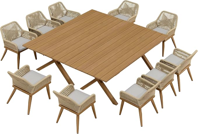 PURPLE LEAF Outdoor Dining Set All-Weather PE Rattan Outdoor Patio Furniture Set with All Aluminum Frame Rectangular Table and Chairs 12 Pieces Set for Lawn Garden Backyard Deck, Teak