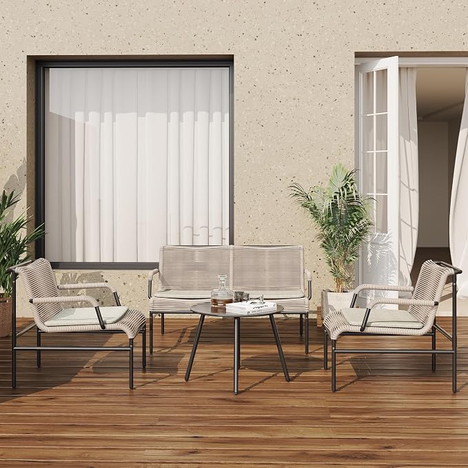 East Oak 4 Piece Patio Furniture Set, Outdoor Furniture with PE Wicker Rattan Chairs and Coffee Table, Modern Patio Conversation Set with Soft Pad for Garden, Backyard and Porch, Apricot