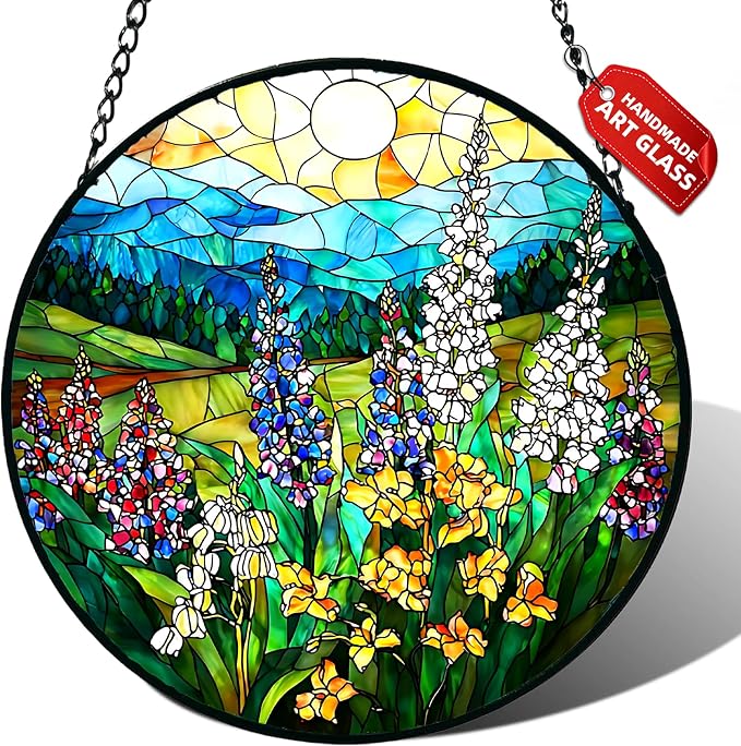 Wildflowers Stained Glass Suncatcher Window Hanging Gifts for Women Men | 7.8in Garden Sun Catcher, Plant Scenery Flower Sunrise Ornament for Door Home, Gift for Mom Grandma & Mother's Day Christmas