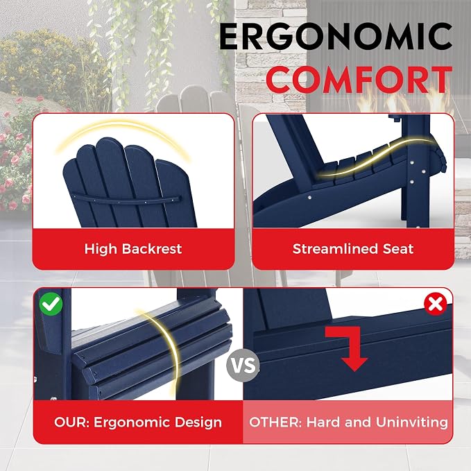 Costaelm Lakeview 12-Piece HDPE Outdoor Patio Furniture Adirondack Chair Conversation Table Set, Navy Blue
