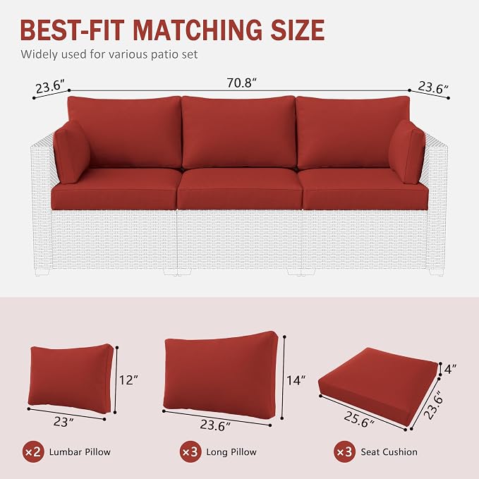 Outdoor Furniture Replacement Cushions, Waterproof Patio Furniture Cushions, 4" Deep Seat Outdoor Sectional Cushion for 3-Seat Outdoors Rattan Sofa Patio Sofa Cushion, Terra Red