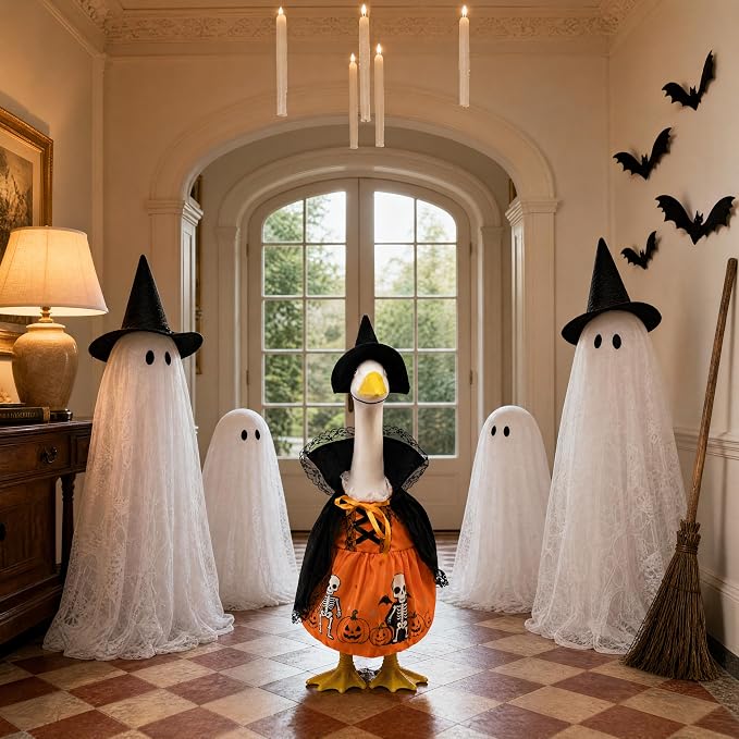 Porch Goose Outfits for 23 Inch Statue, Halloween Witch Dress Hat and Cape Set, Porch Goose Clothes for Patio Yard Garden Decor