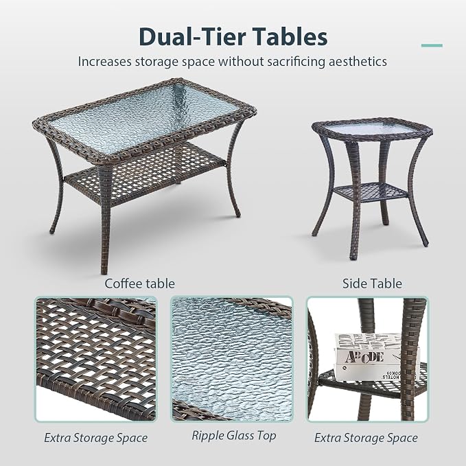 7 Piece Patio Furniture Set - Wicker Patio Conversation Set with Swivel Glider, Glider Loveseat, Tempered Glass Side Table and 2 Ottomans for Deck Backyard - Brown Wicker Beige Cushion