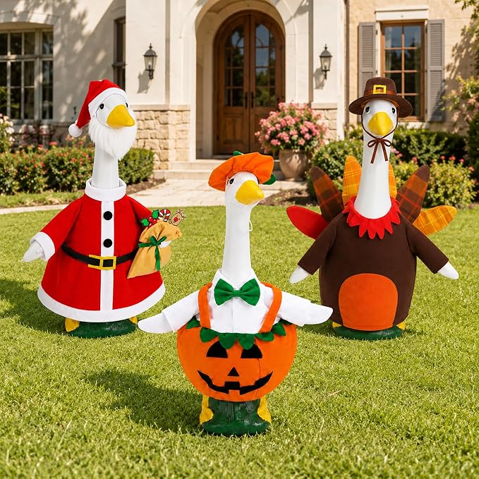 3 Set Holiday Porch Goose Outfits for Halloween Christmas Thanksgiving Day | Seasonal Goose Statue Costumes with Pumpkin Turkey Santa Outfit, Lawn Goose Clothes for 23" Statue