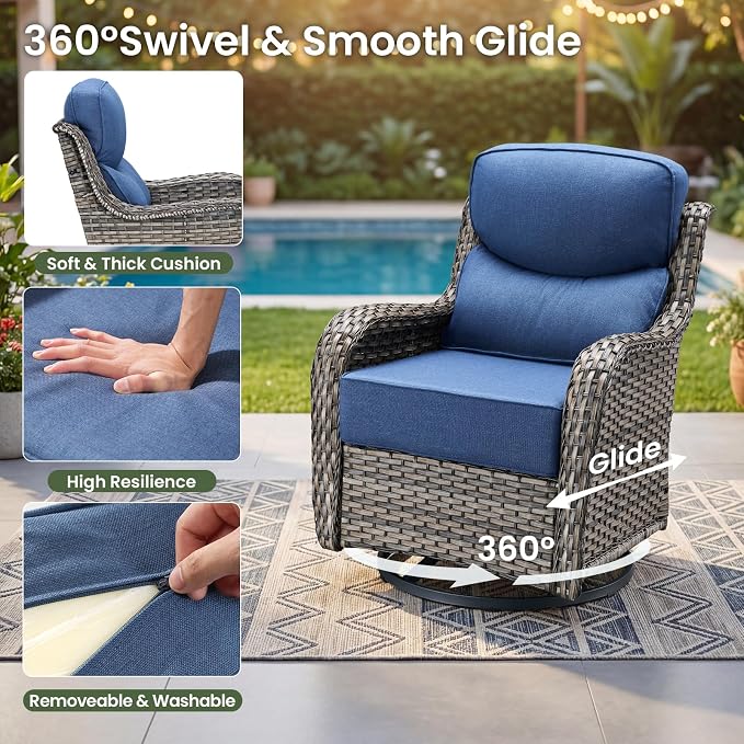 Luxury Patio Furniture Set with 6-inch Thick Cushion, Outdoor Furniture with Fire Pit Table, Swivel Chairs, Sofa, 4pcs Wicker Conversation Set for Deck Yard and Poolside Grey Wicker | Blue Cushion