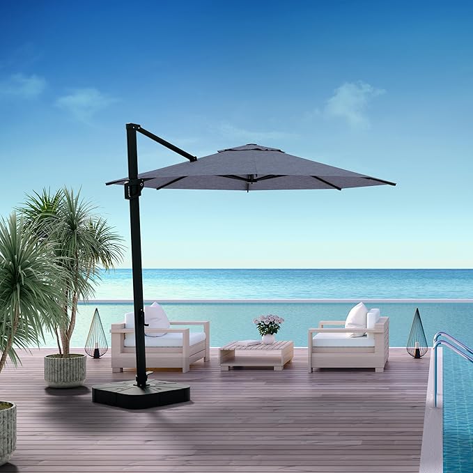 Midtown Umbrellas 10 Ft Outdoor Cantilever Patio Umbrella w/Terylast Heather Grey Fabric - Tilt 360° Offset Patio Umbrella, Deck Patio Umbrella, Backyard Umbrella & Garden Umbrella - Black Frame