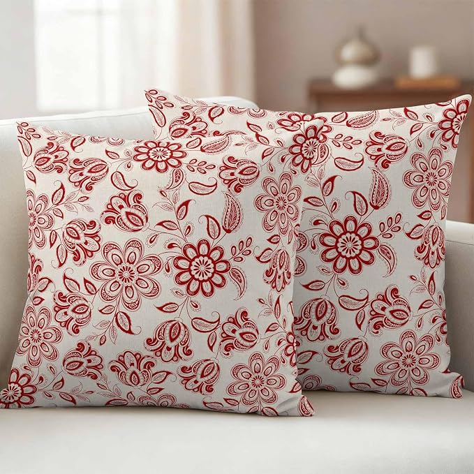 Abstract Paisley Pattern Outdoor Pillow Covers Set of 2 Retro Ethnic Red Flower Waterproof Throw Pillow Cover Decorative Cushion Cases for Patio Porch Garden 16X16 Inch