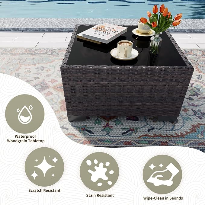Gotland 7 Pieces Patio Furniture Set with 55000BTU Fire Pit Table, Wicker Patio Set with Wide Armrests 29.5'' High Backrest Thick Cushions 1 Coffee Table, Outdoor Furniture for Porch Deck Khaki