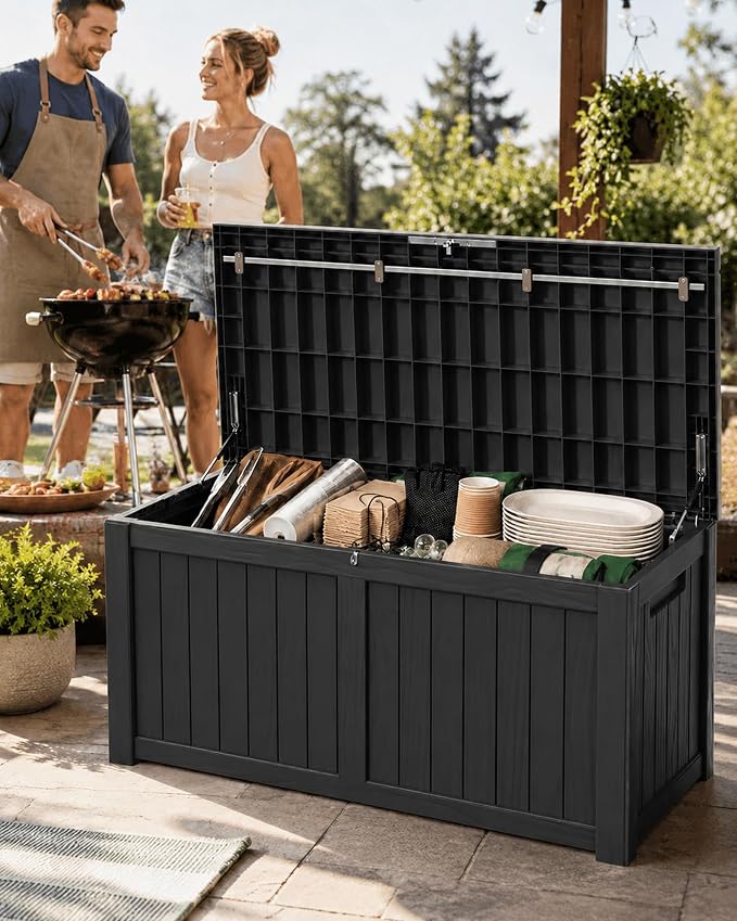 155 Gallon Waterproof Outdoor Storage Box, Large Lockable Deck Box, Indoor Outdoor Resin Storage Bench with Hydraulic Rod for Patio Furniture/Cushions/Garden Tools/Backyard/Pool Accessories, Black