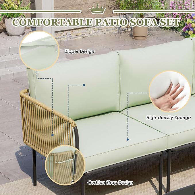 5 Piece Outdoor Patio L-Shaped Conversation Set, Patio Furniture Set with Cushions and Table, All-Weather Rattan Woven Sectional Sofa for Backyard, Porch, Boho Detachable Lounger (Green)