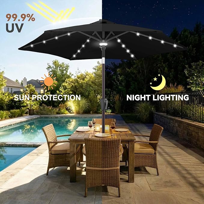 Jarka&Co 7.5ft Solar Patio Umbrella - Lighted Solar Outdoor Umbrella with 24 LED Lights Waterprool UV Protection, Market Table Umbrella with Tilt for Backyard, Garden, Pool, Porch (Black)